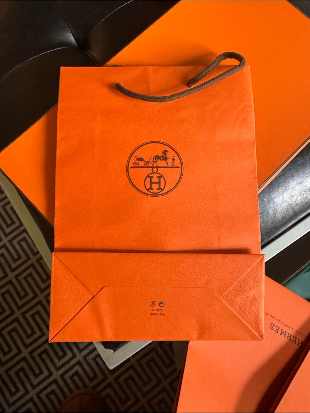 Hermes Orange Shopping Bag with Brown Rope Handles